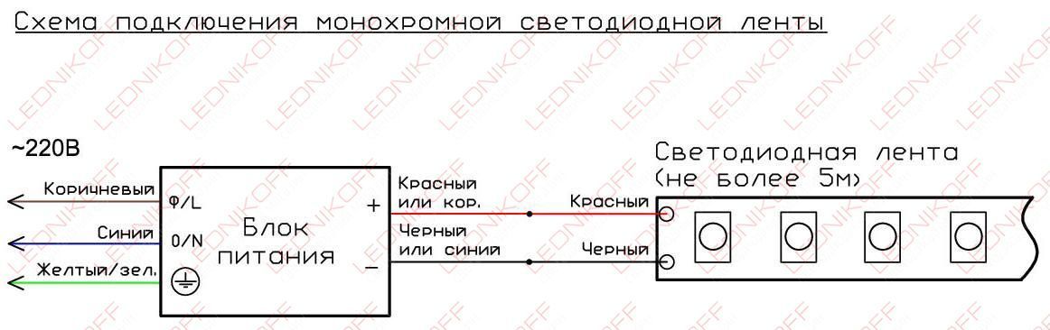 Схема подключения монохромной светодиодной ленты