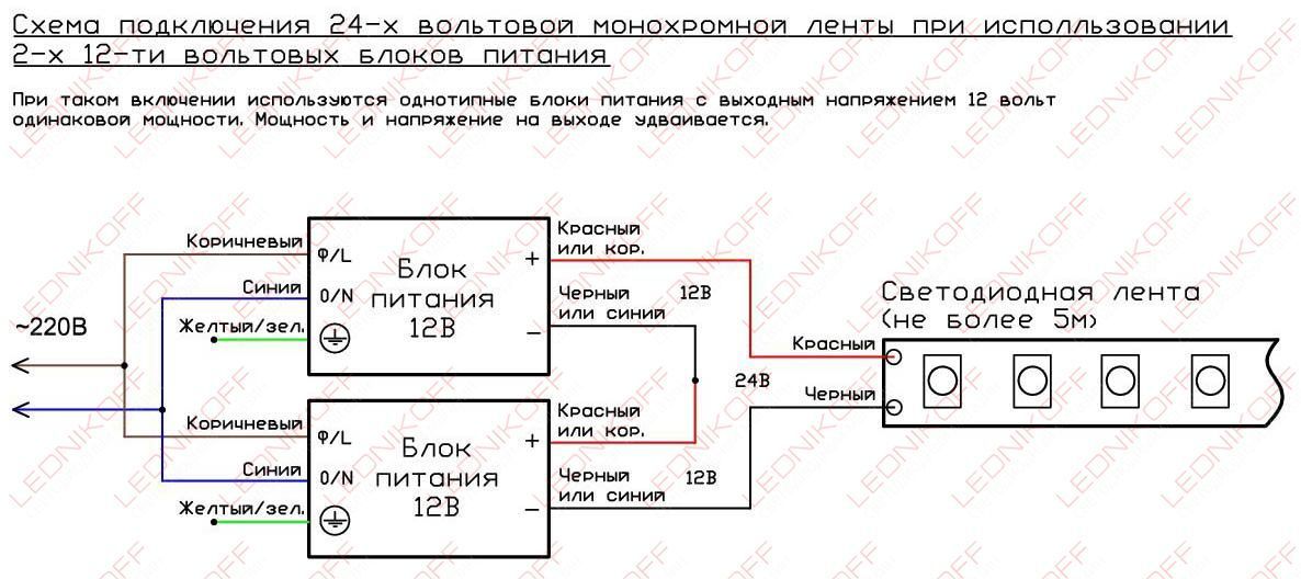 Схема подключения монохромной светодиодной ленты 24В при использовании 2-х 12-ти вольтовых блоков питания